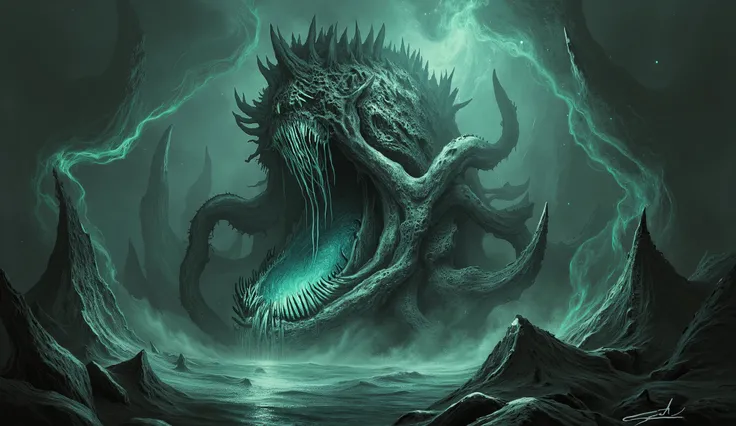 Eldritch horror from the deep sea, cosmic horror style, tentacled monstrosity, dark waters.