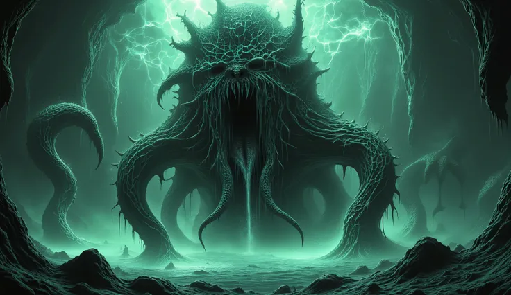 Eldritch horror from the deep sea, cosmic horror style, tentacled monstrosity, dark waters.