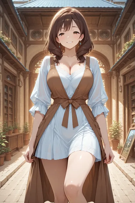 woman long dark brown hair mature face looking down smiling looking to the down looking 