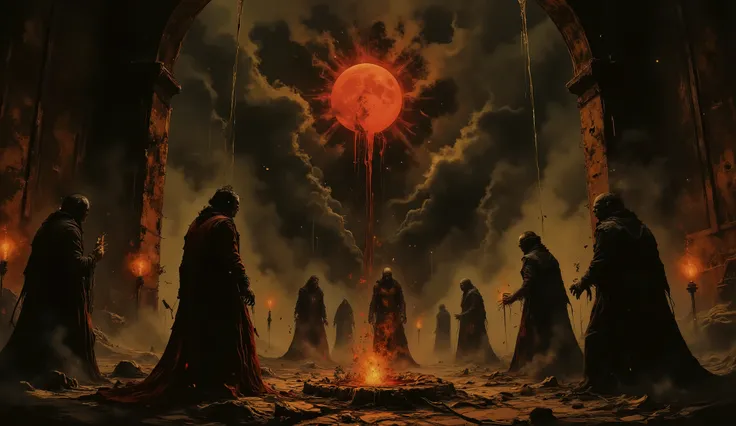 Cursed village under a blood moon, folk horror style, eerie rituals, ominous atmosphere.