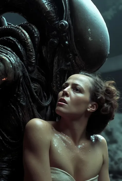 a massive xenomorph dick fuck unconscious Ellen Ripley pussy hard, Ellen Ripley is gunge all over her body and cum on her face
