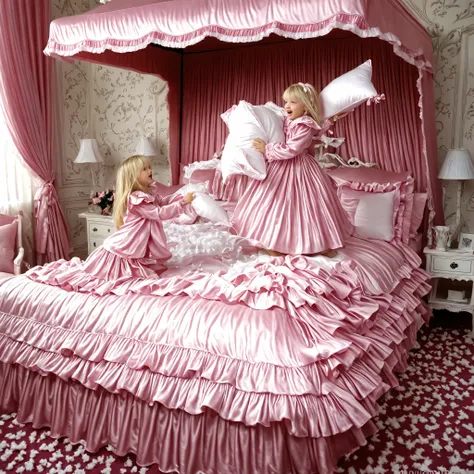 ((cute girl on a big bed)),((As a child )),((Little Girl)), ((little girls pillow fighting on the bed,pillow fight:1.2,)),they have a frilled silk satin pillow,((lot of white feather flying,detailed realistic feather:1.0)),short body height,((white-skinned...