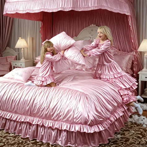 ((cute girl on a big bed)),((As a child )),((Little Girl)), ((little girls pillow fighting on the bed,pillow fight:1.2,)),they have a frilled silk satin pillow,((lot of white feather flying,detailed realistic feather:1.0)),short body height,((white-skinned...