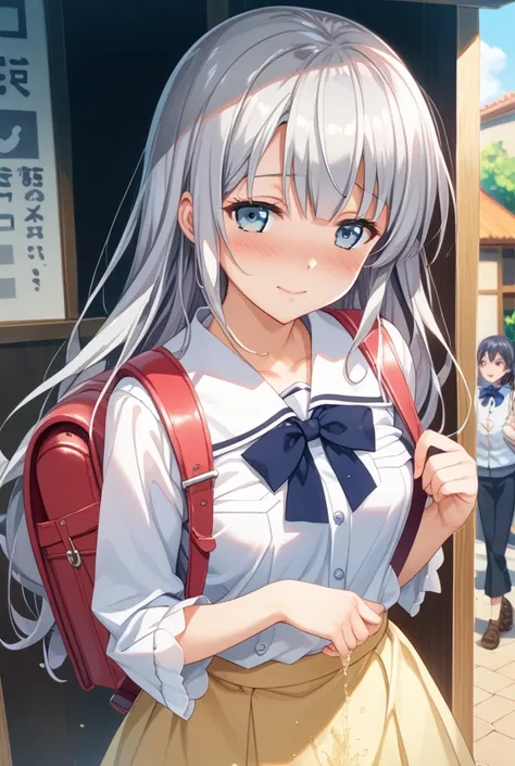 pee,pee while standing(1.5)Silver-haired beautiful girl(1.2),Japanese,uniform,backpack,美少女達は帰り道にSilver-haired beautiful girlのpeeに注目する,pretty girl who pees is embarrassed but excited,Silver-haired beautiful girlは手で股間を触る,Silver-haired beautiful girlは胸を突き出してボタンが弾ける,the bra seeps through and the tip is visible,Silver-haired beautiful girlは汗ばんでいた,the sun is bright,high definition,Realistic Eyes,Silver-haired beautiful girlの足元はpeeの水溜り、The color of pee is transparent