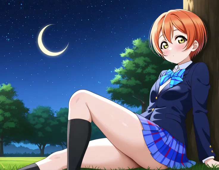 1girl, hoshizora rin, striped, short hair, blush, otonokizaka school uniform, lovelive_rin black blazer, blue plaid skirt, blue stripe bowtie, orange hair, very short hair, hair between eyes, yellow green eyes,thick thighs,knee up,crescent moon, stars (sky...
