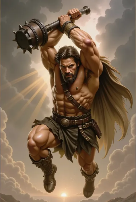 Movie scene, realistic. Hercules leaps, attacking from above. Wielding his club, he launches a brutal attack. Realism, epic, mythical. Lion skin cloak.