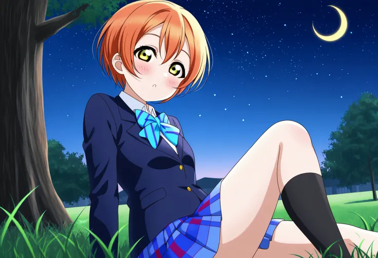 1girl, hoshizora rin, striped, short hair, blush, otonokizaka school uniform, lovelive_rin black blazer, blue plaid skirt, blue stripe bowtie, orange hair, very short hair, hair between eyes, yellow green eyes,knee up,crescent moon, stars (sky),looking at ...
