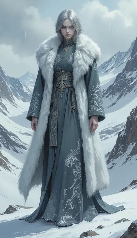 (masterpiece, best quality, ultra-detailed, professional illustration), a full body shot of an elegant female Ascetics with a solemn and sacred temperament, standing in a vast, snowy mountain landscape during a heavy snowfall. She has exquisite facial feat...