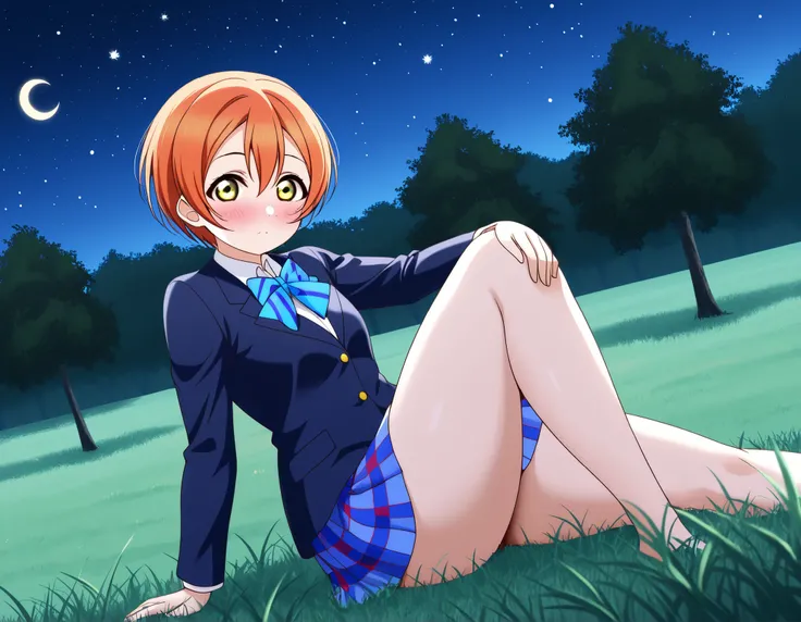 1girl, hoshizora rin, striped, short hair, blush, otonokizaka school uniform, lovelive_rin black blazer, blue plaid skirt, blue stripe bowtie, orange hair, very short hair, hair between eyes, yellow green eyes,thick thighs,knee up,crescent moon, stars (sky...