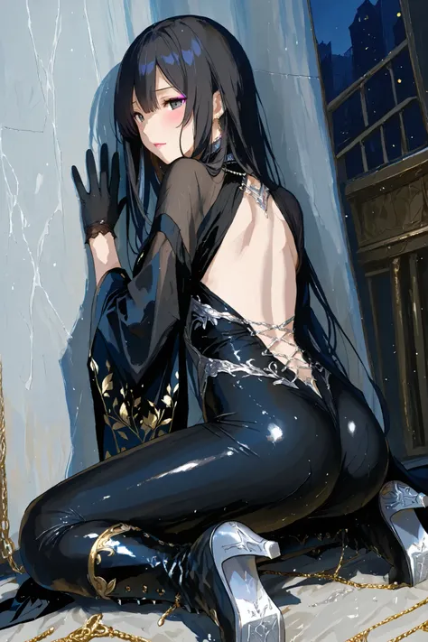 Bathed in flickering crimson and violet light, the lead singer takes the stage like a storm cloaked in elegance. Her presence is absolute—calm, commanding, and impossible to ignore. She is Japanese, with impossibly long black hair that falls in a perfect s...