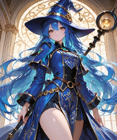 748cmstyle, fine trait, masterpiece, best quality,fine trait,Beautiful Gorgeous Magician-wizard-Girl, wizard-hat,,very long wavy Blue hair, hadling a magic-staff, pose action.  High def brown eyes, Best Quality, eyesHD, detailed eyes, high definition eyes,...