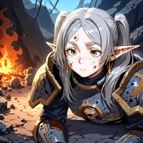 1 girl、Freelen、green eyes、gray hair:1.5、twin tails、thick eyebrows、pointed ears、earrings、Tired expression、sit on the ground、rest、bonfire、My face and body are dirty、mechanical armor、World of Warhammer、rubble、Ruined Scenery、war、masterpiece、top quality、