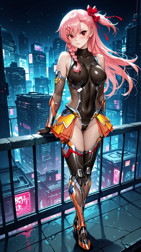  (igawa sakura), (taimanin suit), front, 1girl, masterpiece, sketch_style, manga_style, in cyberpunk city, standing on roof, full body , looking at viewer, 1girl,bow,braid,hair bow,hair ornament,hairclip,long hair,negev_default,pink hair,red bow,red eyes,r...
