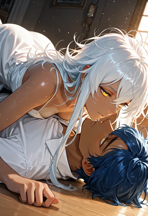 two men in a living room, yaoi, (one man lying on the floor, Blue hair, yellow eyes, short hair, messy hair, plain skin), (the other man on top of him, White hair, long hair, yellow eyes, tanned bronze skin), intimate pose, cozy modern interior, both weari...
