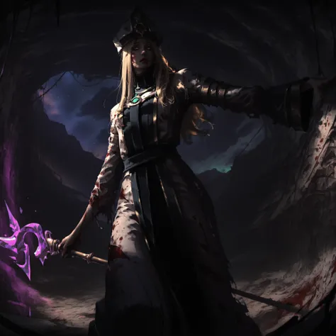 artist: wlop, masterpiece, best quality, illustration,( a woman with pale skin), blonde hair, long hair, green eyes, detailed face, saintess, wearing priestess clothes, wearing holy priestess outfit, holding wooden and metal magic staff, fantasy, perfect a...