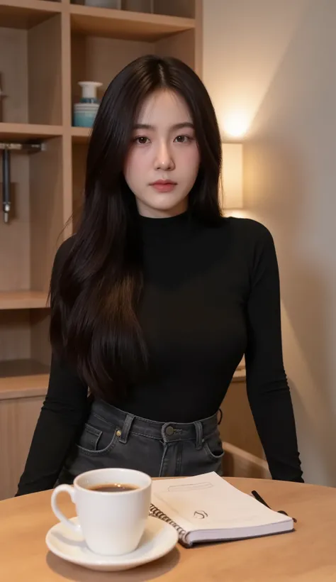 Realistic Teen Women Beautiful Face Black Long Hair Big Breasts Attractive Shape Looking At Camera 8K High Definition Sharp Focus Very High Detail Realistic Like Photo Natural Light Smooth Skin
Sitting in the reading zone of an office inside a luxury condo...