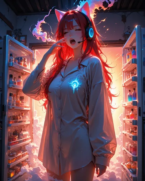 Masterpiece, detailed image, vivid colors, 4k, cinematic photography, dynamic angle, perfect human anatomy, a beautiful red-haired woman with long hair, messy hair as if she had just woken up, wearing a long nightshirt down to below her waist and a headse...