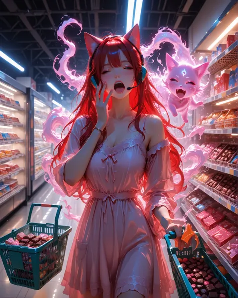 Masterpiece, detailed image, vivid colors, 4k, cinematic photography, dynamic angle, perfect human anatomy, a beautiful red-haired woman with long hair, messy hair as if she had just woken up, wearing a long nightgown reaching below the waist and a headset...