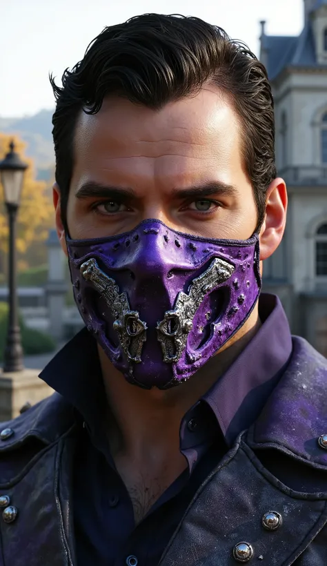 Henry Cavill Ultra-realistic 8K cinematic portrait of rain (mortal Kombat), focusing only on the face. Your iron mask in purple color is intricately designed, adorned with frozen crystals and silver engravings. His penetrating purple eyes shine with cold i...