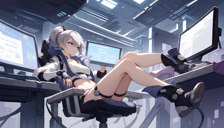 Make a woman with silver hair. futuristic setting, sitting on a chair, messing with your terminals and computers, minimalist scenario. Mulher madura, adulta.