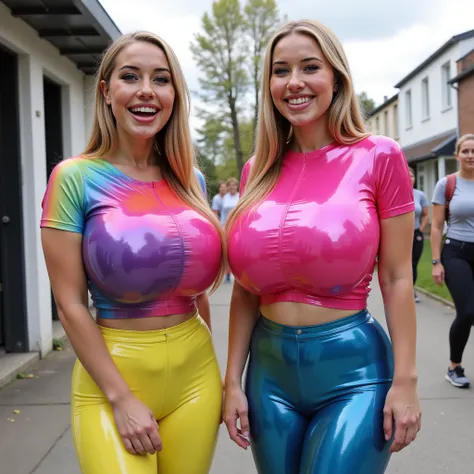 16k, high resolution, best quality , super Details, strukturierte Haut, Meisterwerk, precisely, anatomisch korrekt. Very realistic group photo of 2 women. The women wear multicolor, shiny, cropped latex T-shirts in various intensities, bunte Muster, Neonfa...
