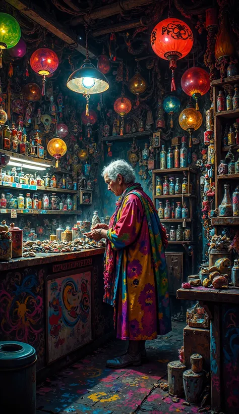 Realistic urban photography with unusual lighting, showing the sloppy interior of a convenience store decorated with dark, sinister graffiti, intricate textures and vibrant colors. The stage should include a wide variety of elements, each of which contribu...