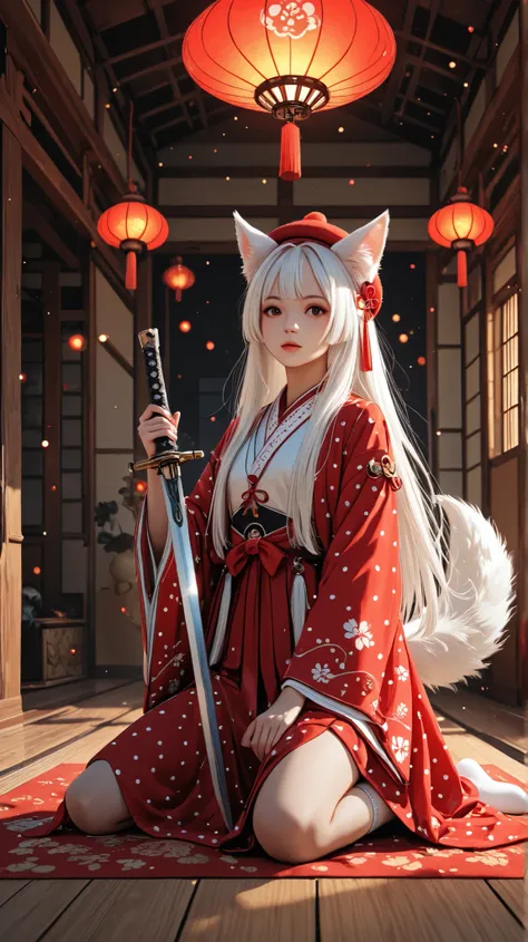 score_9, score_8_up , score_7_up , score_9,Score_9, Score_8_up , Score_7_up ,Create a two-dimensional fantasy style picture, focusing on the character's characteristics and scenes: short white hair (animal ears, red hat), Japanese-style clothing (white and...