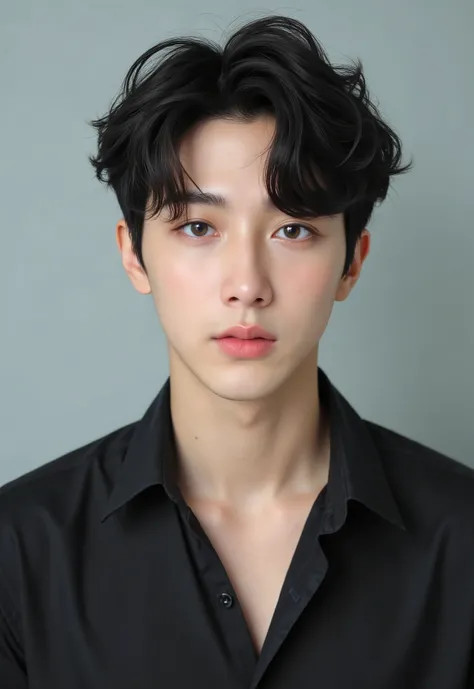 A man with brown eyes, brown black hair, sometimes also blue, Is Korean, looks really good, has full cheeks, is often compared to squirrels, Hamsters and quokkas compared, has boba eyes and a rather tanned skin. He should look muscular, But also not too ex...