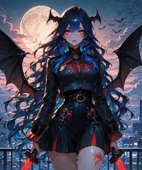 748cmstyle,masterpiece,best quality,absurdres,adult-girl,, Beautiful Gorgeous  Warrior Girl handles a cyber-Sword in pose action dynamic, more tattoo, warrio, very long wavy Blue-night hair, highdef fierce anime high definition eyes,detailed eyes,high grad...