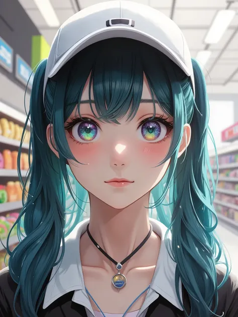 cashier girl, supermarket salesman, differently colored eyes, double tail hairstyle,turquoise hair, charming smile, white cap, species,high definition,4k,фотоrealistic,detailed,realistic,professional,bright colors,bokeh, industrial lighting ,photo,portrait