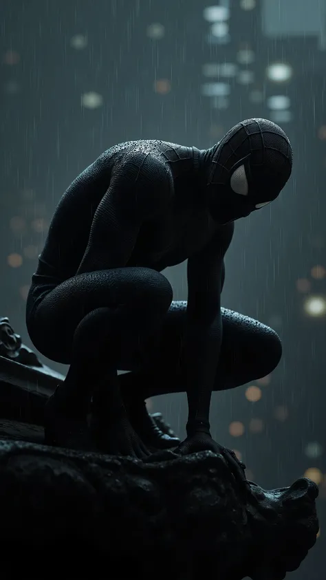 Black suit Spider-Man viewed from a low angle, at night in the rain, crouching on a gargoyle on a rooftop