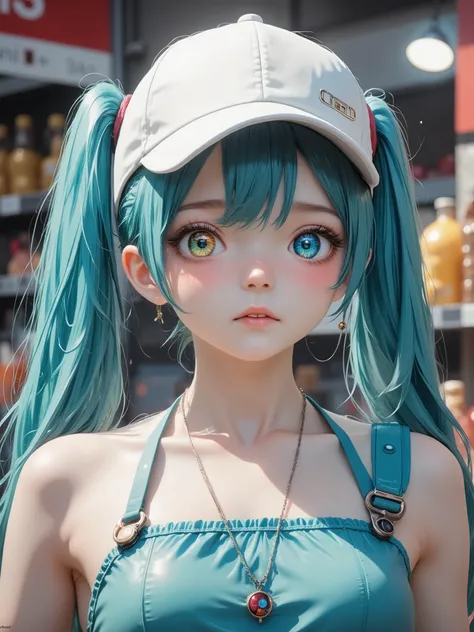 cashier girl, supermarket salesman, differently colored eyes, double tail hairstyle,turquoise hair, charming smile, white cap, species,high definition,4k,фотоrealistic,detailed,realistic,professional,bright colors,bokeh, industrial lighting ,photo,portrait