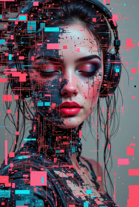 aidmafluxpro1.1, in the style of cksc, gl1tchc0re. Portrait of a beautiful latina woman listening to music with headphones. Her face and clothing are glitching, blending into the digital space. She is slowly disintegrating into cubes of data with datamoshi...