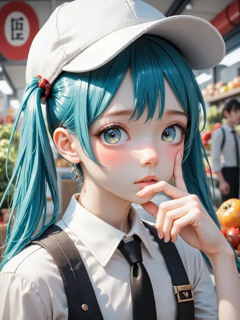 cashier girl, supermarket salesman, differently colored eyes, double tail hairstyle,turquoise hair, charming smile, white cap, species,high definition,4k,фотоrealistic,detailed,realistic,professional,bright colors,bokeh, industrial lighting ,photo,portrait
