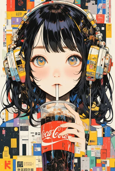 unique, front view:1.6, she drinks and listens to Coca Cola :1.331, Can't help but want to laugh , Ridiculous , White, Navy, red, Yellow, orange color, Zhu, purple, green, green, Beautiful Japanese Woman , Tea Hair, including wavy hair :1.21, Lon...