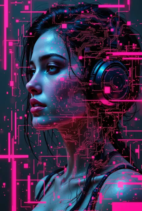 aidmafluxpro1.1, in the style of cksc, gl1tchc0re. Portrait of a beautiful latina woman listening to music with headphones. Her face and clothing are glitching, blending into the digital space. She is slowly disintegrating into cubes of data with datamoshi...