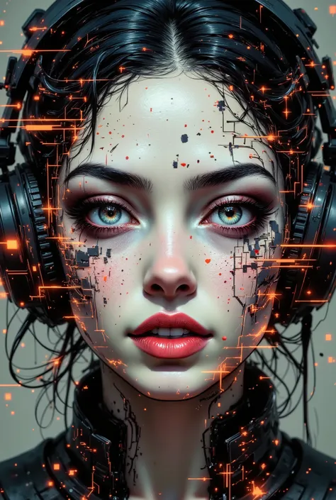 aidmafluxpro1.1, in the style of cksc, gl1tchc0re. Portrait of a beautiful latina woman listening to music with headphones. Her face and clothing are glitching, blending into the digital space. She is slowly disintegrating into cubes of data with datamoshi...