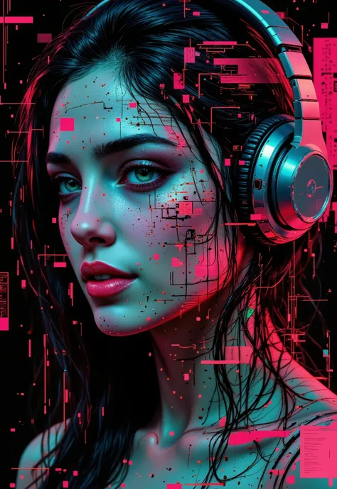 aidmafluxpro1.1, in the style of cksc, gl1tchc0re. Portrait of a beautiful latina woman listening to music with headphones. Her face and clothing are glitching, blending into the digital space. She is slowly disintegrating into cubes of data with datamoshi...