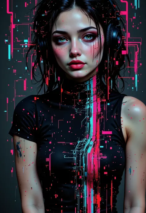aidmafluxpro1.1, in the style of cksc, gl1tchc0re. Portrait of a beautiful latina woman listening to music with headphones. Her face and clothing are glitching, blending into the digital space. She is slowly disintegrating into cubes of data with datamoshi...