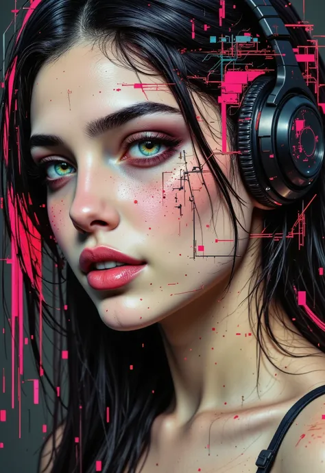 aidmafluxpro1.1, in the style of cksc, gl1tchc0re. Portrait of a beautiful latina woman listening to music with headphones. Her face and clothing are glitching, blending into the digital space. She is slowly disintegrating into cubes of data with datamoshi...