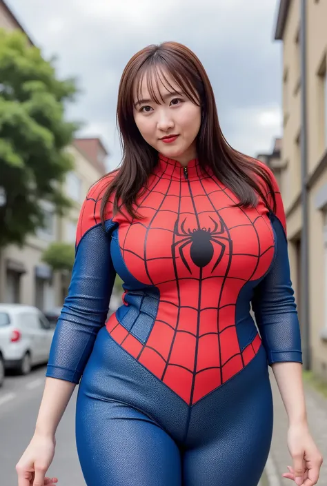 Plus-sized woman, Spider-Man, Peter Parker, NSFW, 1 girl, (plunging neckline : 1.9), (cleavage cutout : 1.9), Deep Cleavage, (She is wearing only the Spider-Man full-body tight-fitting tights : 1.6), (Full-body shot from a moderate distance : 1.9), ((stand...