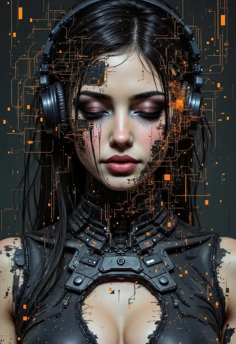 aidmafluxpro1.1, in the style of cksc, gl1tchc0re. Portrait of a beautiful latina woman listening to music with headphones. Her face and clothing are glitching, blending into the digital space. She is slowly disintegrating into cubes of data with datamoshi...