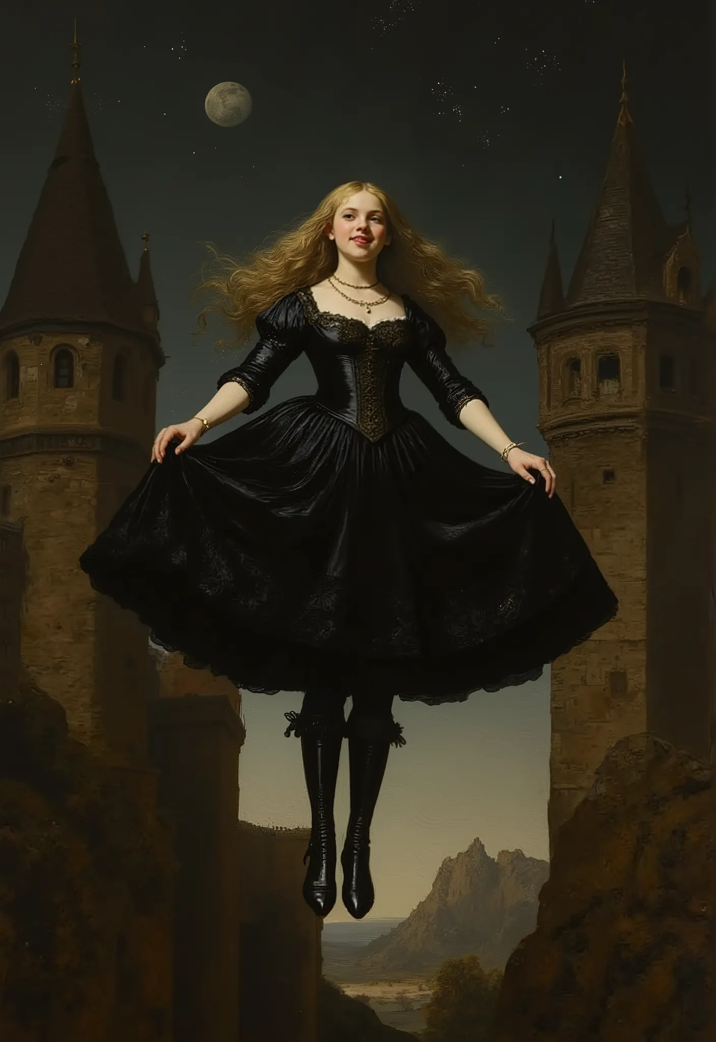 A dynamic and uplifting masterpiece, high quality, Oil Painting, Hyper-realistic, viewed from a frontal, slightly high angle, capturing a young skinny princess gracefully floating between two tall castle towers under a clear night sky full of stars. Far be...