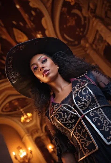 A demoniac black woman, (best quality,4k,8k,highres,masterpiece:1.2),ultra-detailed,(realistic,photorealistic,photo-realistic:1.37),realistic lighting, viewed from below, Scenery seen directly from below。 