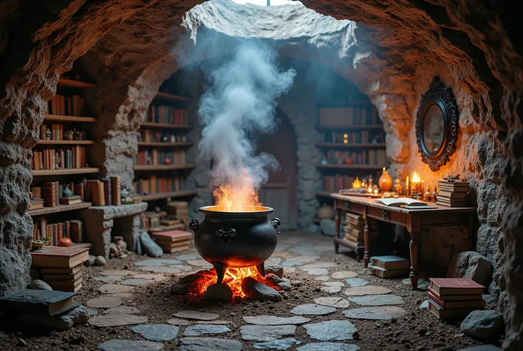 wide shot, a wizard’s lair, empty, underground, built from stone and soil, a bubbling cauldron emitting smoke over glowing embers, surrounded by wooden shelves filled with ancient books and alchemical vials, an old table with open grimoires, a dark enchant...