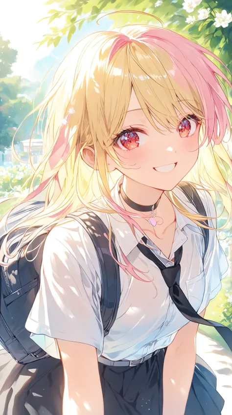 A vibrant anime-style illustration of a cheerful teenage girl standing outdoors on a sunny day, styled in the character of Marin Kitagawa from "My Dress-Up Darling." She has long, flowing, straight blonde hair with soft pink tips, slightly tousled by the b...