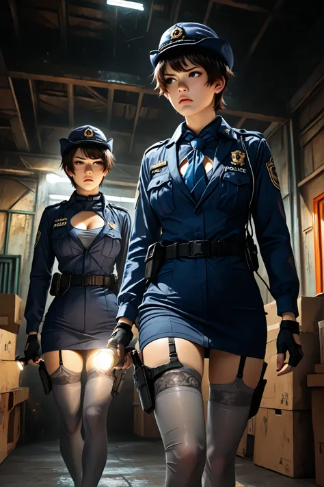 masterpiece, best quality, very aesthetic, absurdres, photorealistic, alex ross (style), interior, warehouse, dark, from below, dutch angle, 2girls, japanese policewomen, asian, brunette, dark hair, very short hair, pixie cut, looking back, serious express...