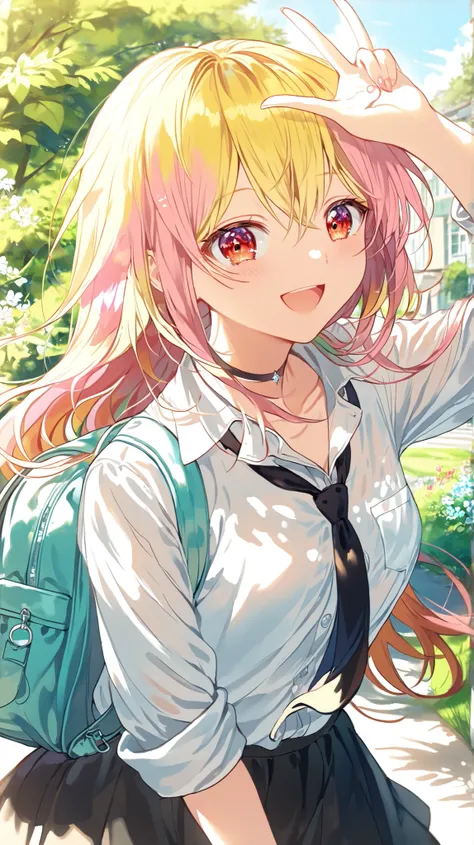 A vibrant anime-style illustration of a cheerful teenage girl standing outdoors on a sunny day, styled in the character of Marin Kitagawa from "My Dress-Up Darling." She has long, flowing, straight blonde hair with soft pink tips, slightly tousled by the b...