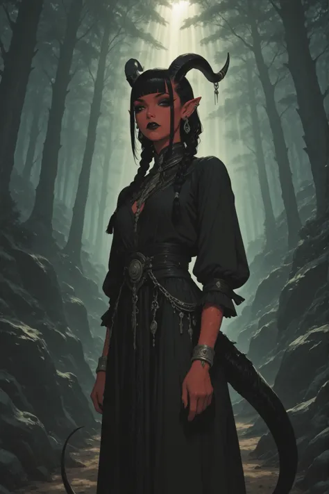 score_10, score_9_up, score_8_up,s core_7_up, 1girl, tiefling, black eyes, black eyeliner, black lipstick, black eyeshadow, elf ears, black hair, long braids, blunt bangs, tiefling black horns, tiefling tail, earrings, bracelet, standing, looking at viewer...