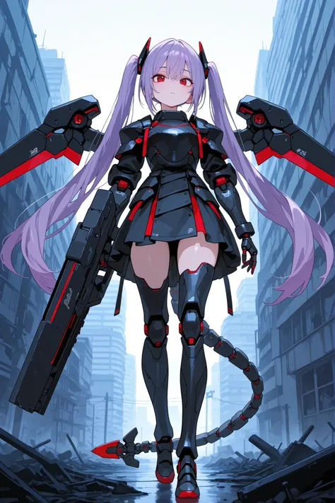 748cmstyle,(score_9, score_8_up, score_7_up,ray tracing:1), ), (masterpiece, best quality, amazing quality, masterpiece, 4k, high quality, detailed art), anime, 1 girl, very long twintails purple hair, red eye, medchests, black armored dress, artificial li...